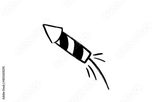 Simple black and white hand drawn doodle sketch of a firework rocket blasting off isolated on transparent background