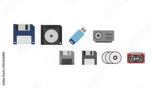 Data storage and retro technology icon set. Floppy disks, USB drive, CDs and cassette tape. Flat design vector illustration