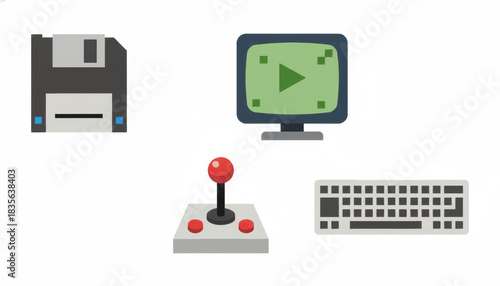 Retro computing technology icon set. Vintage floppy disk, CRT monitor, joystick, and keyboard. Flat design vector illustration