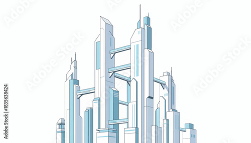 Futuristic city architecture with skyscrapers. Minimalist vector illustration of high-rise buildings. Modern urban metropolis concept isolated on white