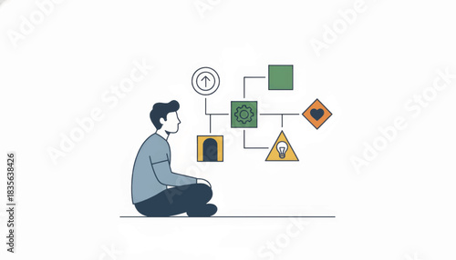 Man visualizing a strategic process with flowchart icons. Decision making and planning concept. Flat design vector illustration
