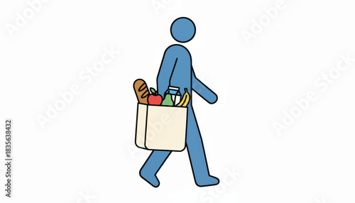 Grocery shopping vector illustration. Minimalist person carrying paper bag with fresh food. Flat design shopper icon