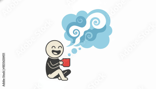 Happy minimalist character enjoying a coffee break. Vector illustration of a person sitting with a red mug and artistic swirling steam cloud. Relaxation and imagination concept