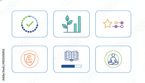 Habit tracking and personal progress interface cards. Vector icon set for self-improvement, health, and learning apps. Modern line art symbols isolated on white