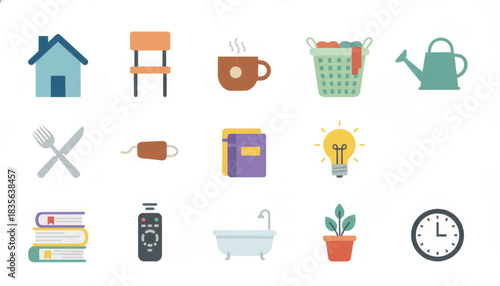 Home and everyday life flat icon set. Household objects and lifestyle vector symbols. Simple colorful illustration collection