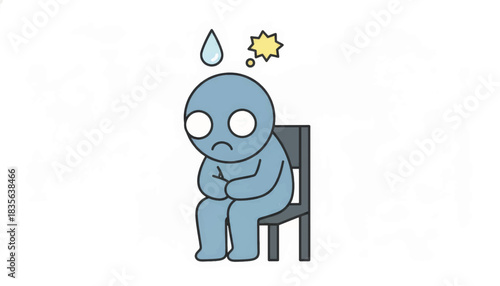 Nervous cartoon character sitting on a chair. Anxious person with sweat drop and stress symbol. Vector illustration of mental health and worry concept