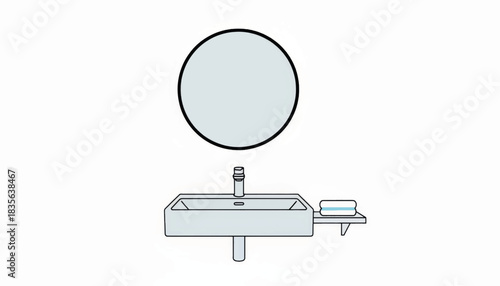 Bathroom sink and mirror vanity unit. Minimalist flat design vector illustration. Modern interior furniture icon with washbasin, faucet and towels isolated on white background