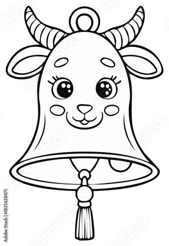 Adorable cartoon ox head bell outline drawing with big happy eyes and decorative horns ready for coloring