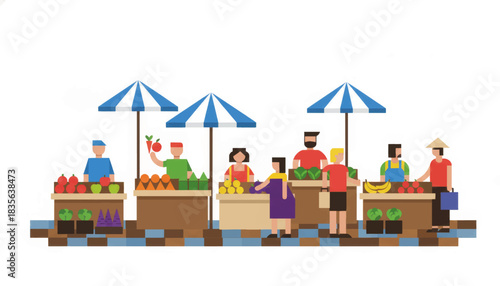 Local street market with vendors and customers. Flat design vector illustration of food stalls. Fresh fruit and vegetable shopping concept