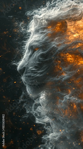 Abstract lion head made of white smoke and orange fire particles. Vertical fantasy illustration of a wild animal profile on black background