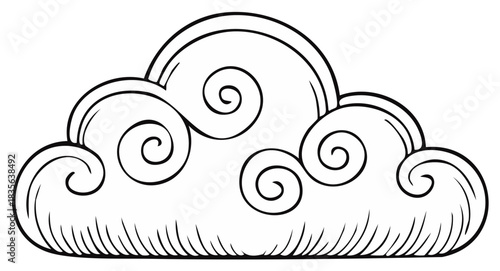 Stylized Asian cloud with ornamental swirls and spirals black and white line art vector