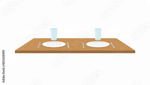 Dining table set for two with plates and cutlery. Flat design vector illustration of wooden furniture. Restaurant and meal concept isolated on white background