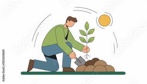 A man planting a tree sapling. Vector illustration for environmental conservation and sustainability. Flat design concept of gardening, growth, and new life.