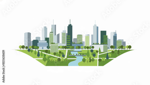 Green city vector illustration with a modern cityscape and public park. Sustainable urban development and eco-friendly architecture concept. Minimalist flat design