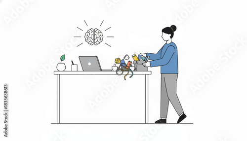 Illustration of a person decluttering a messy office desk. Concept of workspace hygiene, organization, and mental clarity. Minimalist flat vector graphic