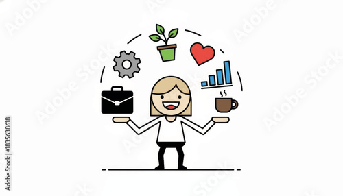 Work-life balance vector illustration. A minimalist cartoon woman juggling career and personal life icons. Flat design concept of multitasking and modern lifestyle