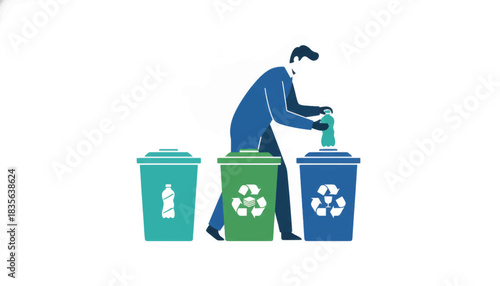 Man sorting waste into recycling bins. Environmental conservation and sustainability concept. Flat design vector illustration