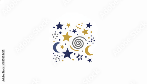 Celestial illustration with stars, moons, and spirals. Flat design decorative pattern element. Whimsical night sky vector graphic isolated on white