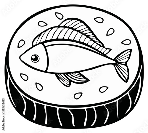 Simple Linework Drawing of a Sushi Roll with a Fish Topping