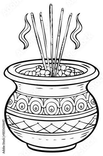 Ornate incense burner with smoking aroma sticks in a pot black and white line art illustration