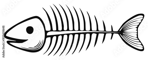 Minimalist black and white fish skeleton illustration depicting marine life or environmental issues