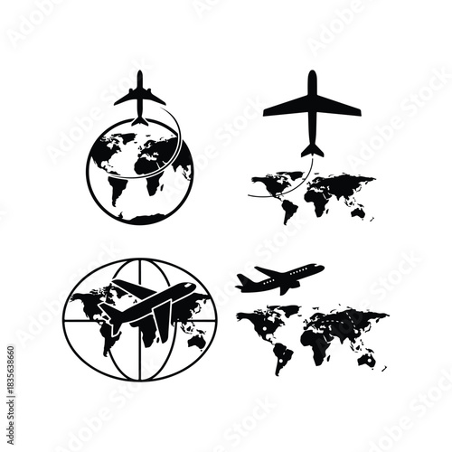 Airplane with World Map Silhouette Set