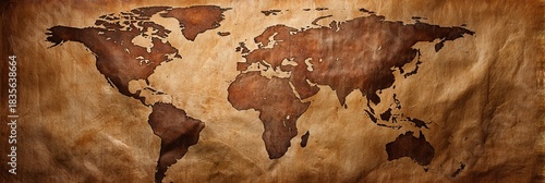 Vintage Aged World Map Texture on Weathered Paper, Antique Cartography Illustration of Globe