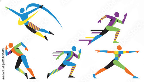 Abstract geometric sport figures set. Dynamic minimalist athletes running and jumping. Retro 90s style vector illustration isolated on white