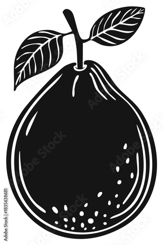 Stylized Black and White Pear with Leaves on Stem