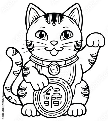 Lucky Cat with Coin Line Art Drawing for Coloring Book or Decoration