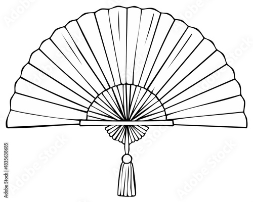 Elegant oriental hand fan open with decorative tassel line art drawing