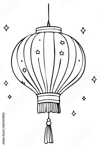 Black and white hand drawn lantern illustration with stars and hanging tassel