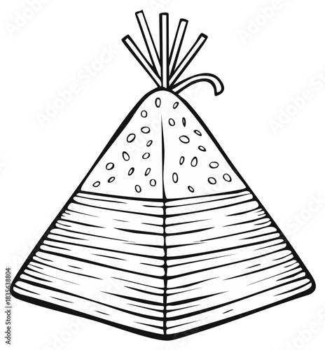 Hand drawn doodle style Native American teepee with feathers, camping and cultural exploration