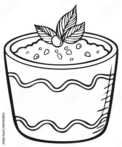 Hand-drawn dessert in decorative bowl with leaf garnish, black and white illustration for coloring pages.