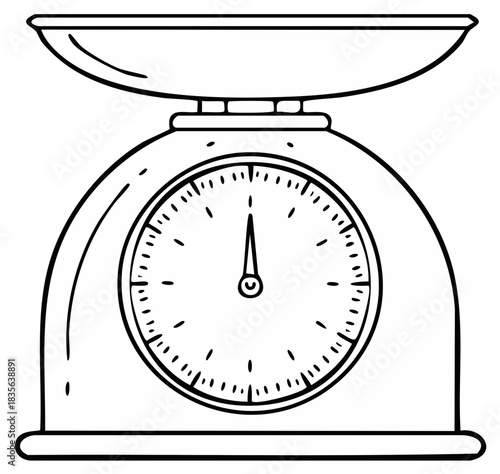 Vintage kitchen scale with analog dial and weighing pan simple line art illustration