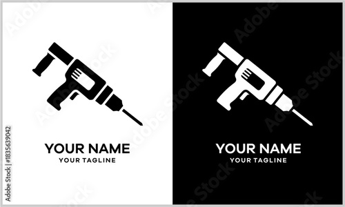 Contrasting black and white logo designs featuring a stylized rotary hammer drill icon for professional branding.