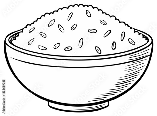 Hand drawn bowl of cooked rice black and white line art illustration for coloring