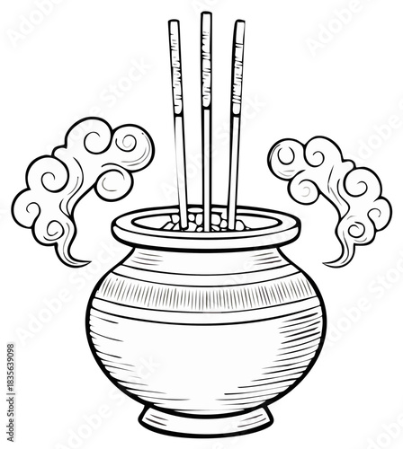 A traditional Asian incense burner censer with three burning joss sticks and smoke clouds line art illustration