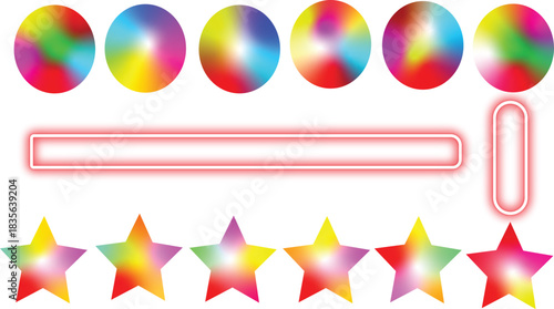 Vibrant colorful shapes set against a crisp white background ready for graphic design projects or artistic compositions with stars, circles, and glowing neon red frames
