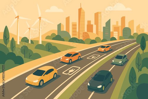 Vector illustration icon system aerial transport colors geometric lanes green futuristic view