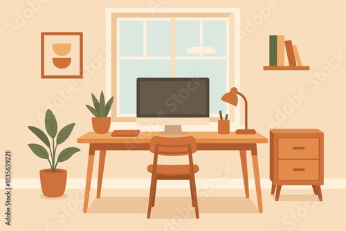Large scandinavian office captions desk no interior vector workspace icon harmony modern