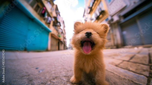Fototapeta Naklejka Na Ścianę i Meble -  Happy brown puppy smiling on an urban street. Low angle wide angle shot of a cute Pomeranian dog with tongue out