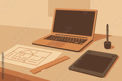 Typography modern workspace ruler drawing text architectural cyrillic minimal vector full no