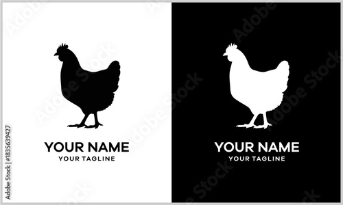 Minimalist hen silhouette logo design concept presented in contrasting black and white versions.
