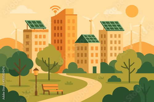 Typography cityscape no captions smart eco buildings vector chinese icon full flat