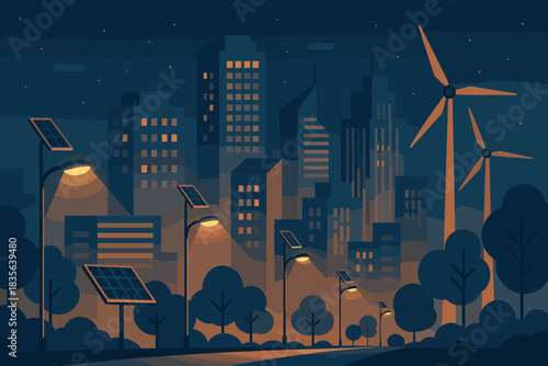 Powered eco cohesive cityscape no flat lights text wind icon cities smart