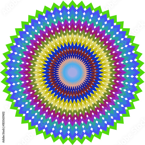 Vibrant geometric mandala design with concentric circles and radial symmetry featuring an array of rainbow colors and a complex repeating pattern for a visually appealing backdrop