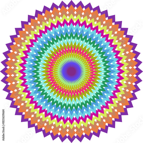 Geometric Mandala Design with Vibrant Zigzag Patterns and Radial Symmetry for Creative Projects and Artistic Backgrounds