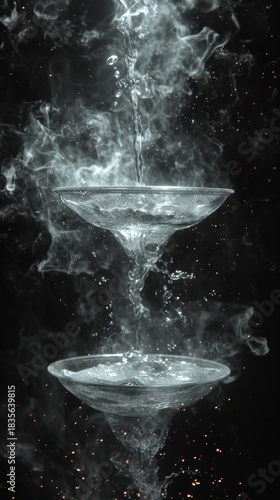 Water pouring into stacked glasses with smoke and splashes on black background. Vertical dramatic liquid flow with steam and sparks. Mystical alchemy or cocktail concept