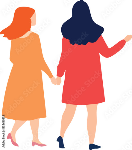   A flat illustration of too women walking together from behind, with one holding an object and two holding hands.